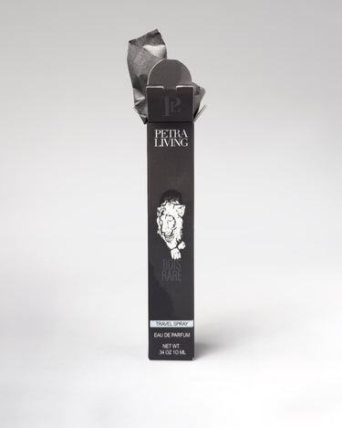 Black perfume bottle with decorative cap on a white background