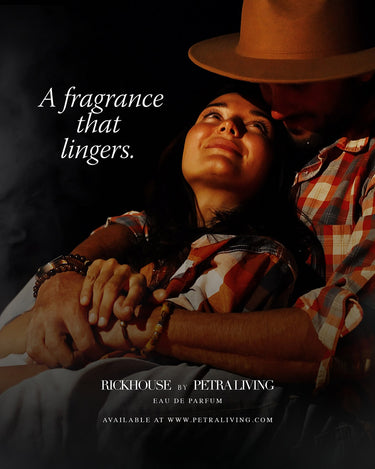 Person embracing another with a quote about a lingering fragrance, featuring Rickhouse by Petra Living perfume.